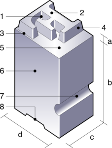 Scheme of a piece of type. Legend: Details: 1. hallmark, 2. face, 3. flesh, 4. cone, 5. shoulder, 6. body (shank), 7. nick, 8. groove; dimensions: a head, b quadrat-high, a+b type-high, c character width, d point size
