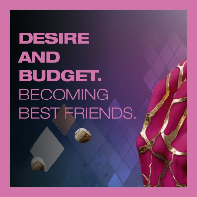 Grafik mit Text: 'Desire and Budget. Becoming Best Friends.' Violettes Design mit Rauten; rechts pink-goldenes Muster, kleine Steine.